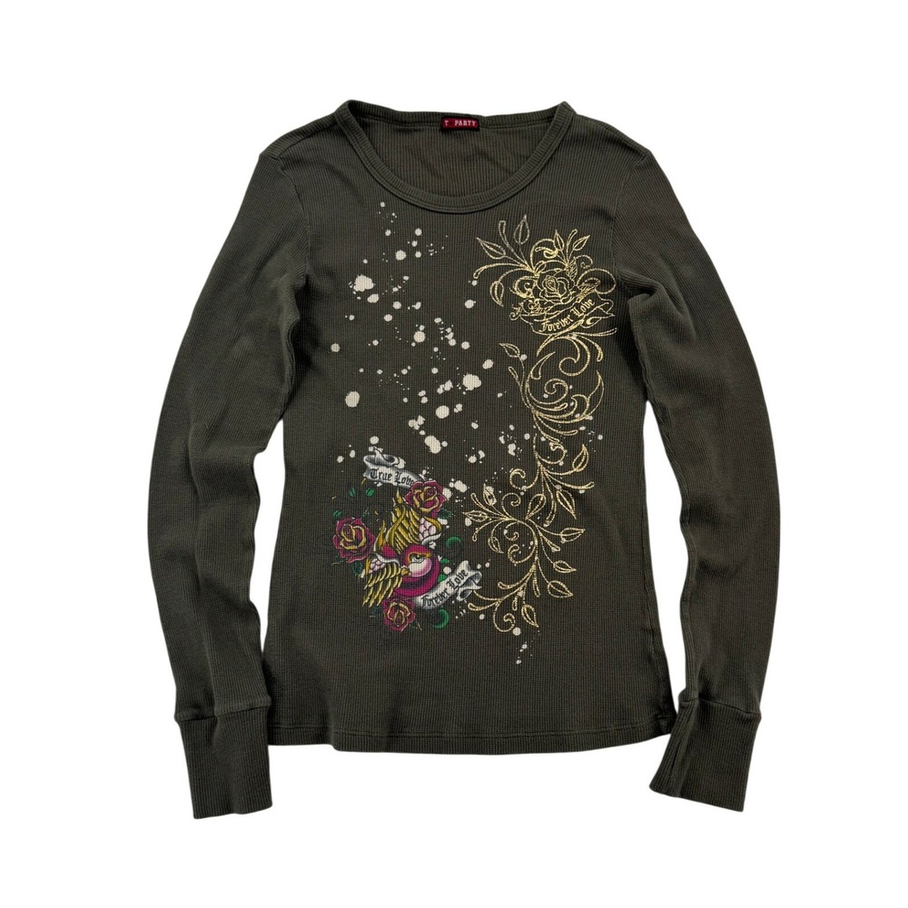 T Party Thermal Long Sleeve Women Large Olive Green Excellent Y2K Tattoo Graphic